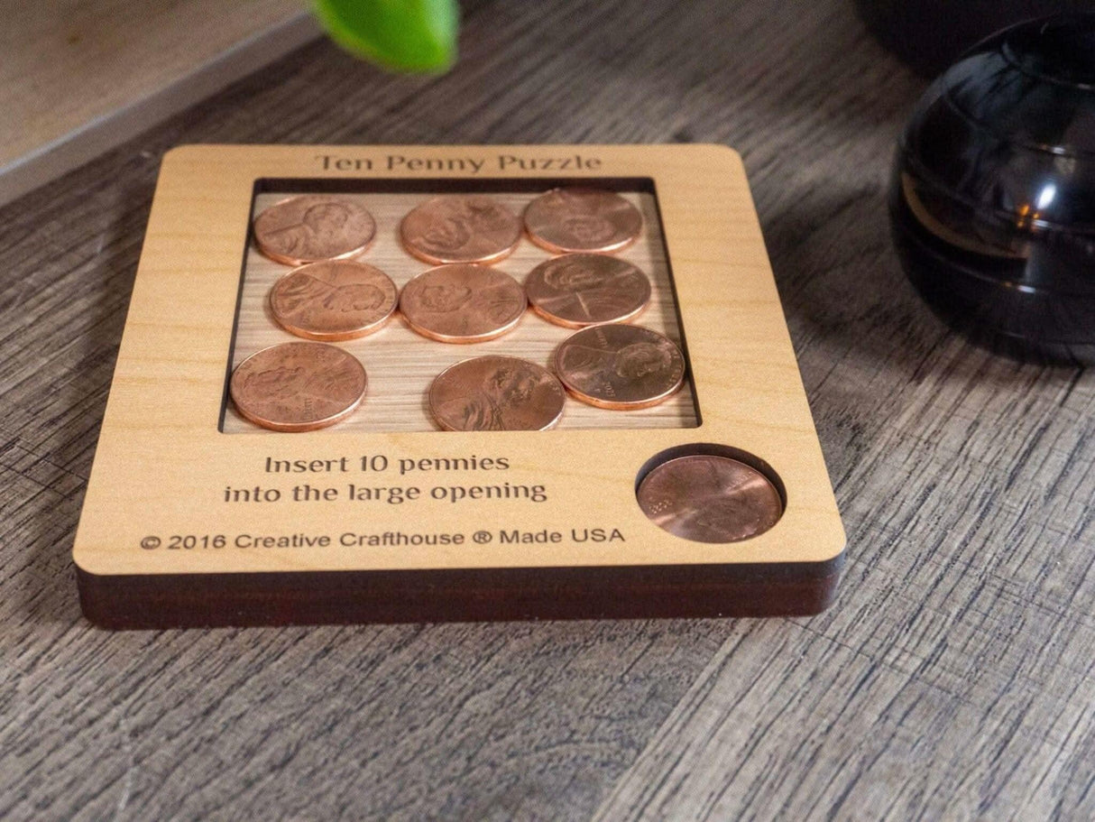 10 Penny Puzzle with Pennies Included | Handcrafted Wooden Brain Teaser for Puzzle Lovers - Creative Crafthouse