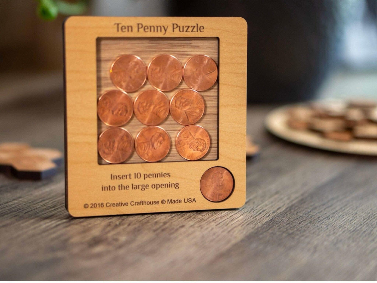 10 Penny Puzzle with Pennies Included | Handcrafted Wooden Brain Teaser for Puzzle Lovers - Creative Crafthouse