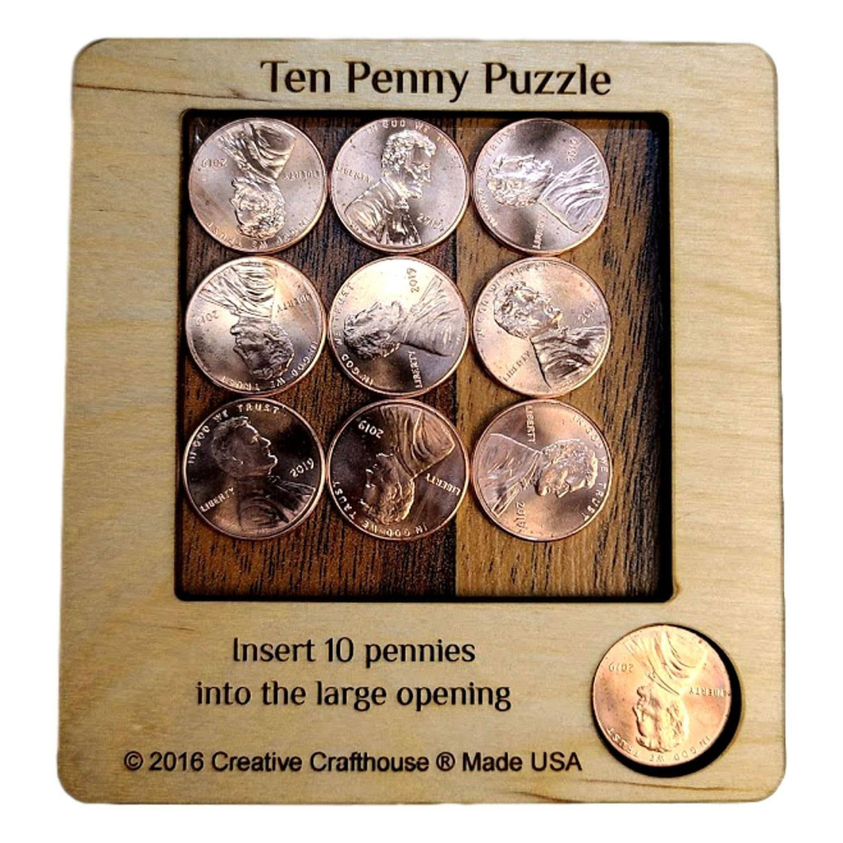 10 Penny Puzzle with Pennies Included | Handcrafted Wooden Brain Teaser for Puzzle Lovers - Creative Crafthouse