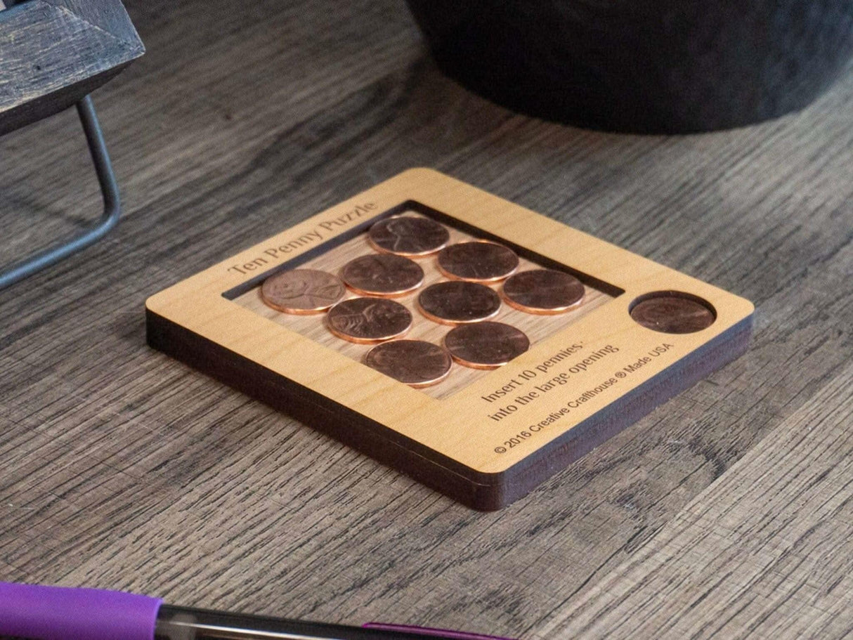 10 Penny Puzzle with Pennies Included | Handcrafted Wooden Brain Teaser for Puzzle Lovers - Creative Crafthouse