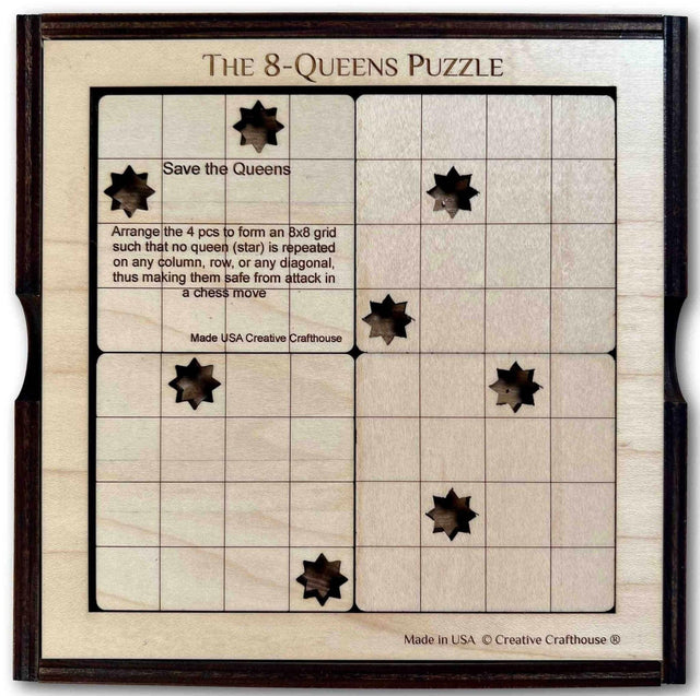 8 Queens Wood Puzzle - 4 Piece Logic Brain Teaser - Popular Puzzle for Chess Players - Creative Crafthouse