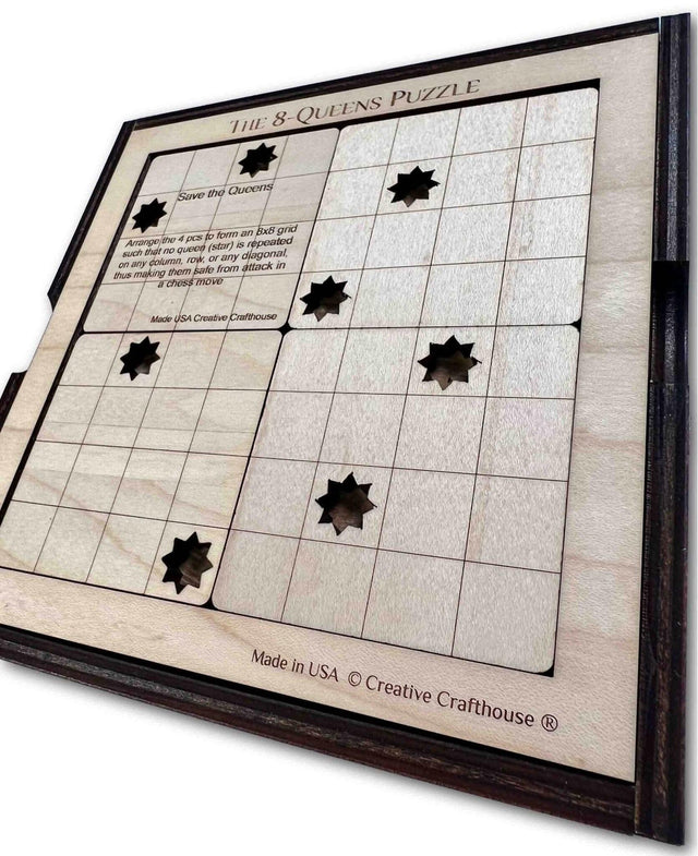 8 Queens Wood Puzzle - 4 Piece Logic Brain Teaser - Popular Puzzle for Chess Players - Creative Crafthouse