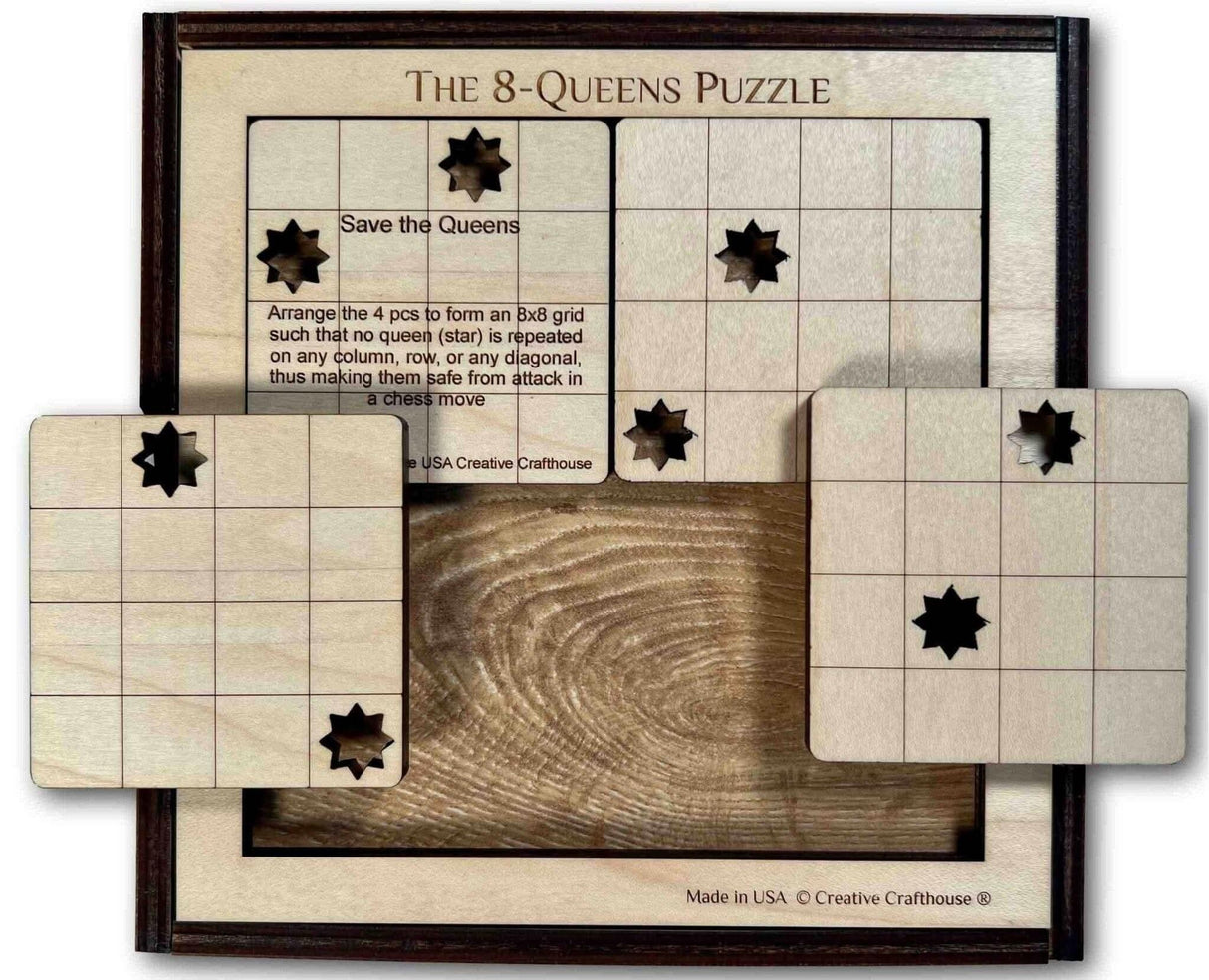 8 Queens Wood Puzzle - 4 Piece Logic Brain Teaser - Popular Puzzle for Chess Players - Creative Crafthouse