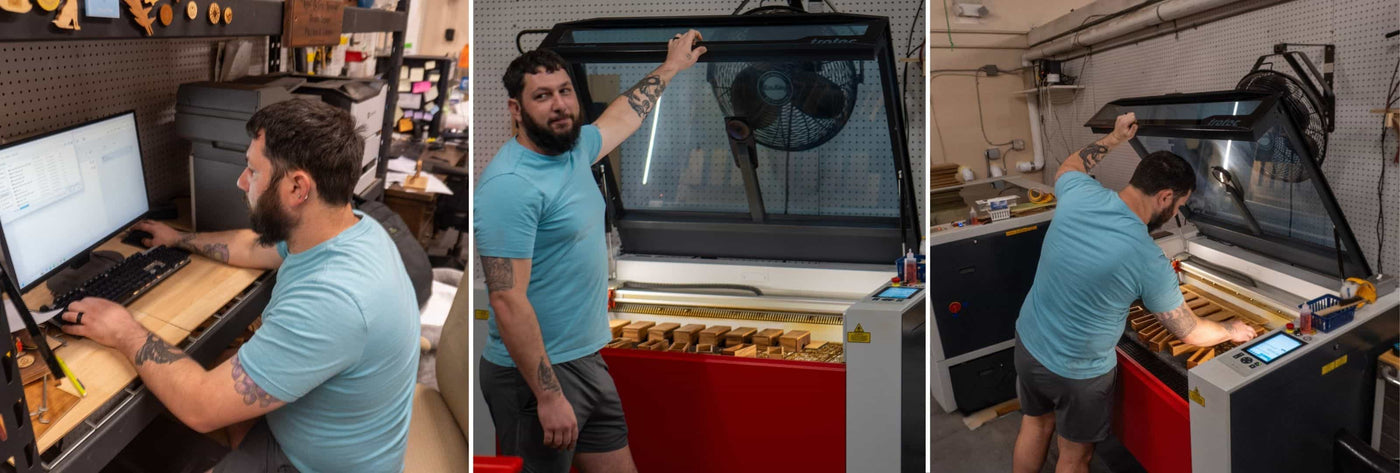Collage of justin from creative crafthouse setting up a custom laser engraving job with one of our trotec laser machines.