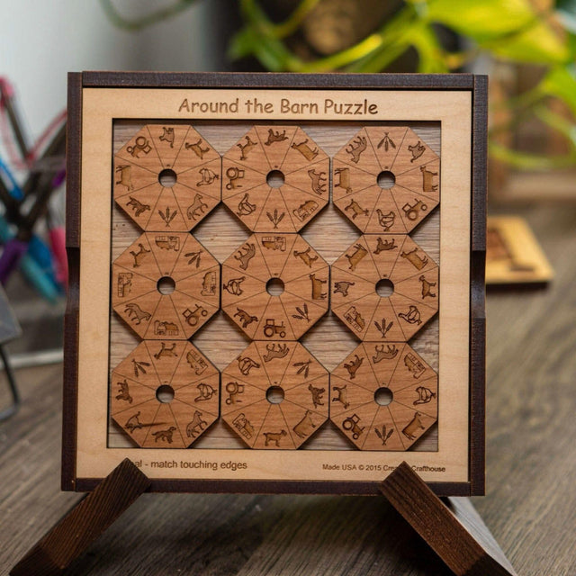 Around the Barn Edge-Matching Wooden Puzzle – Nine octagon-shaped pieces with barn-themed symbols, crafted from durable alder wood.