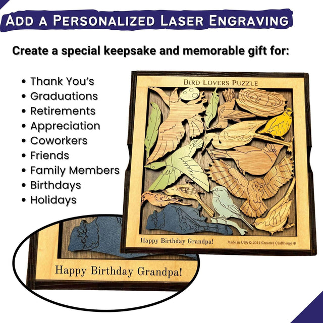 Bird Lovers Puzzle, Personalize with a Laser Engraved Name, 16 Piece Wood Brain Teaser - Creative Crafthouse