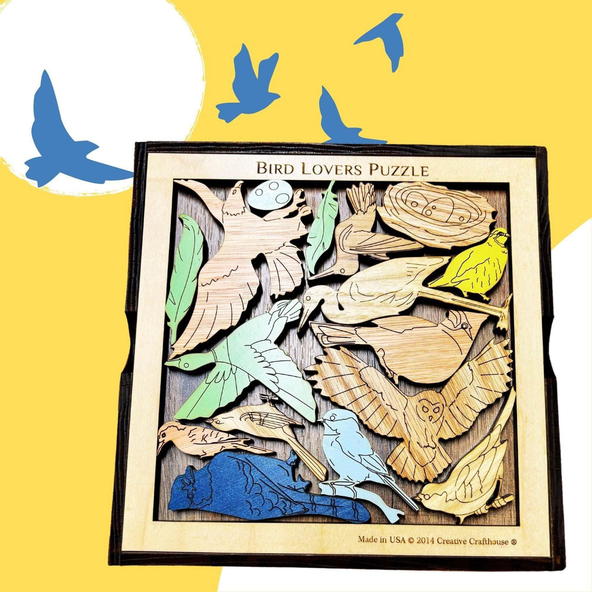 Bird Lovers Puzzle, Personalize with a Laser Engraved Name, 16 Piece Wood Brain Teaser - Creative Crafthouse