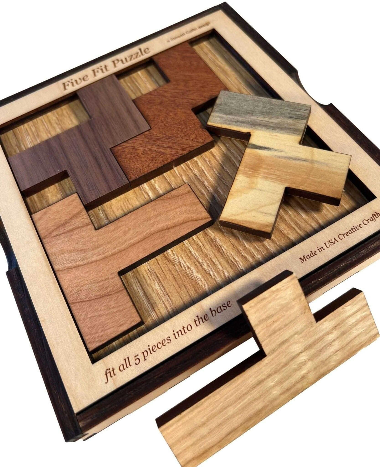 Brain Teasers for Adults - Five Fit Wooden Puzzle - Shockingly Difficult Brain Teaser for Experts Only - Creative Crafthouse