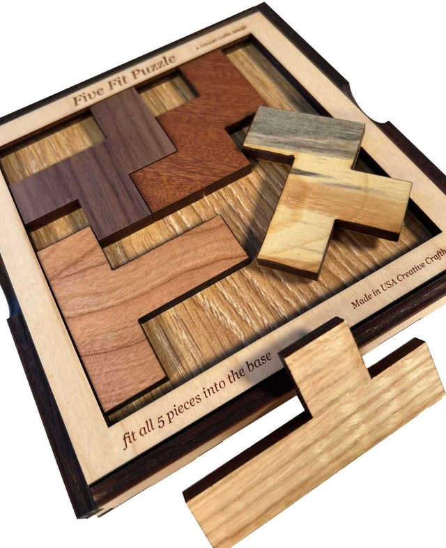Brain Teasers for Adults - Five Fit Wooden Puzzle - Shockingly Difficult Brain Teaser for Experts Only - Creative Crafthouse