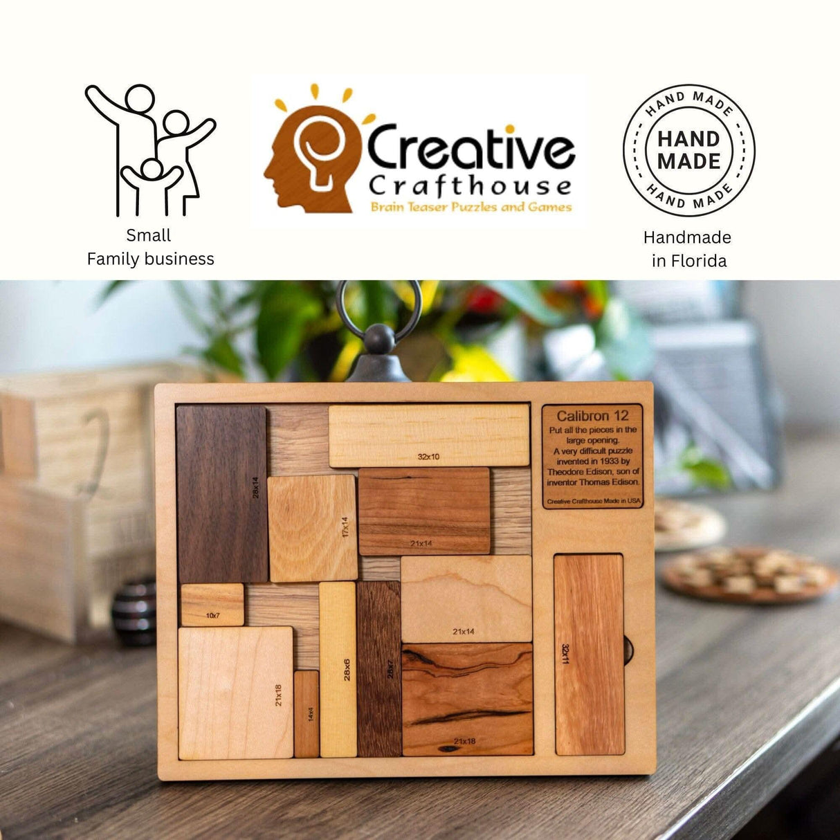 Impossible Wood Puzzle for Adults | 12 Piece Brain Teaser Handmade in Florida | Extremely Hard | The Calibron 12 Puzzle - Creative Crafthouse