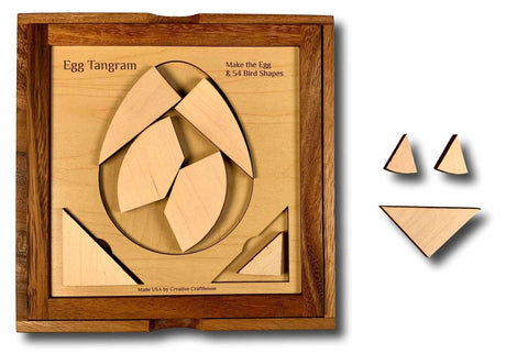 Handcrafted Dragon's Egg Tangram Puzzle made from premium maple wood, featuring intricate laser-cut pieces arranged in an egg shape.