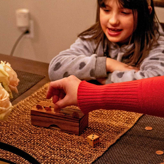 Mother and daughter playing the penny drop game at their kitchen table.
