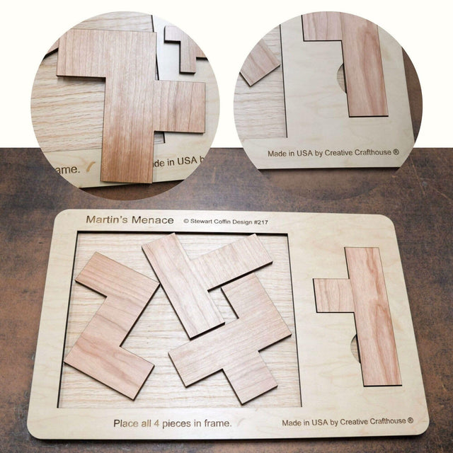 18" x 12" Giant Sized Wood Puzzle for Game Rooms | 4 Piece Wooden Brain Teaser | Perfect Man Cave Decor & Accessory | Jumbo Martin's Menace - Creative Crafthouse