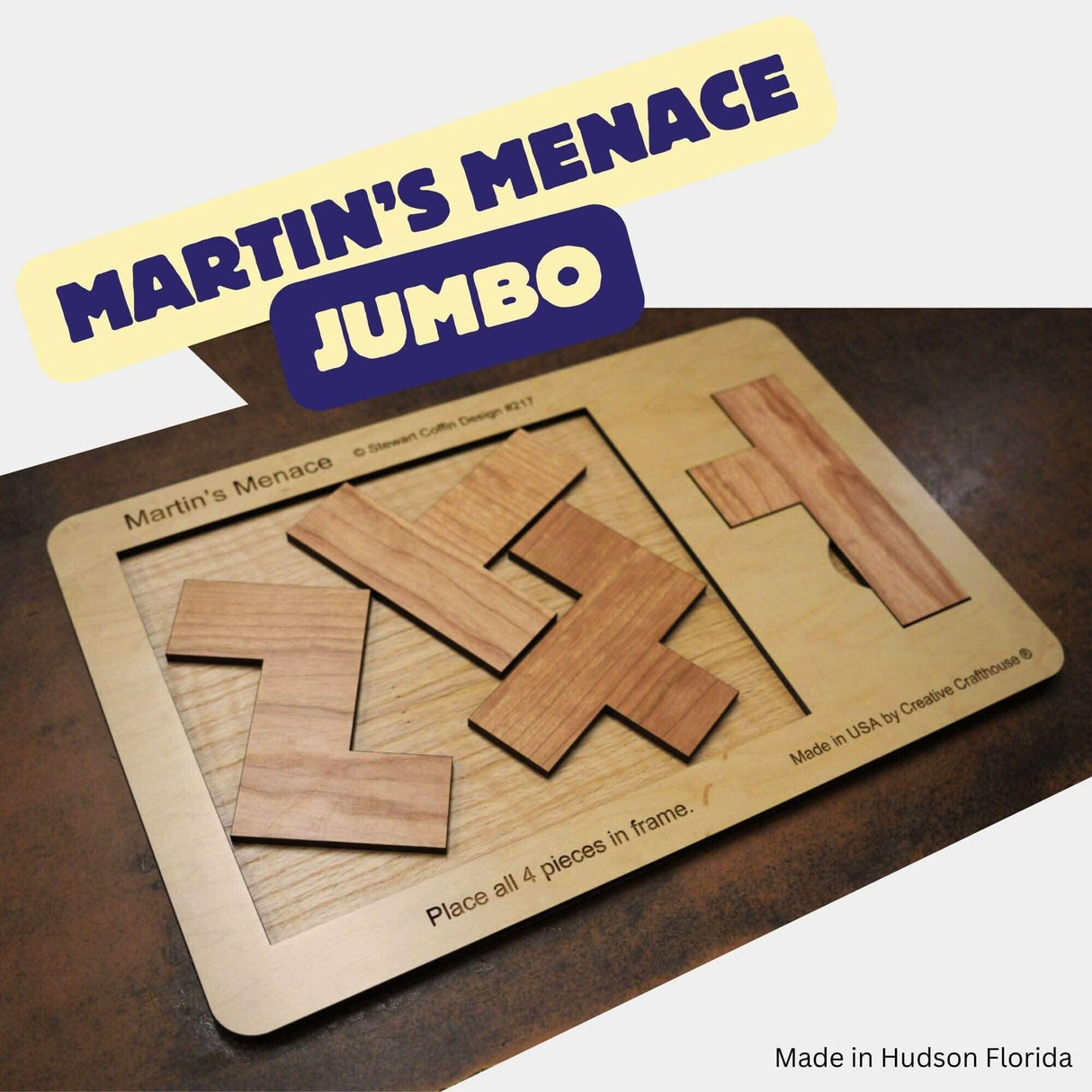 18" x 12" Giant Sized Wood Puzzle for Game Rooms | 4 Piece Wooden Brain Teaser | Perfect Man Cave Decor & Accessory | Jumbo Martin's Menace - Creative Crafthouse