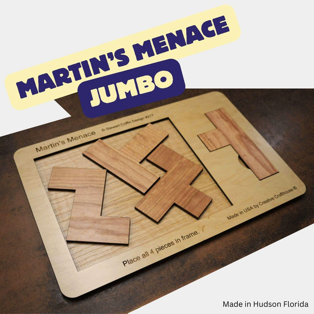 18" x 12" Giant Sized Wood Puzzle for Game Rooms | 4 Piece Wooden Brain Teaser | Perfect Man Cave Decor & Accessory | Jumbo Martin's Menace - Creative Crafthouse