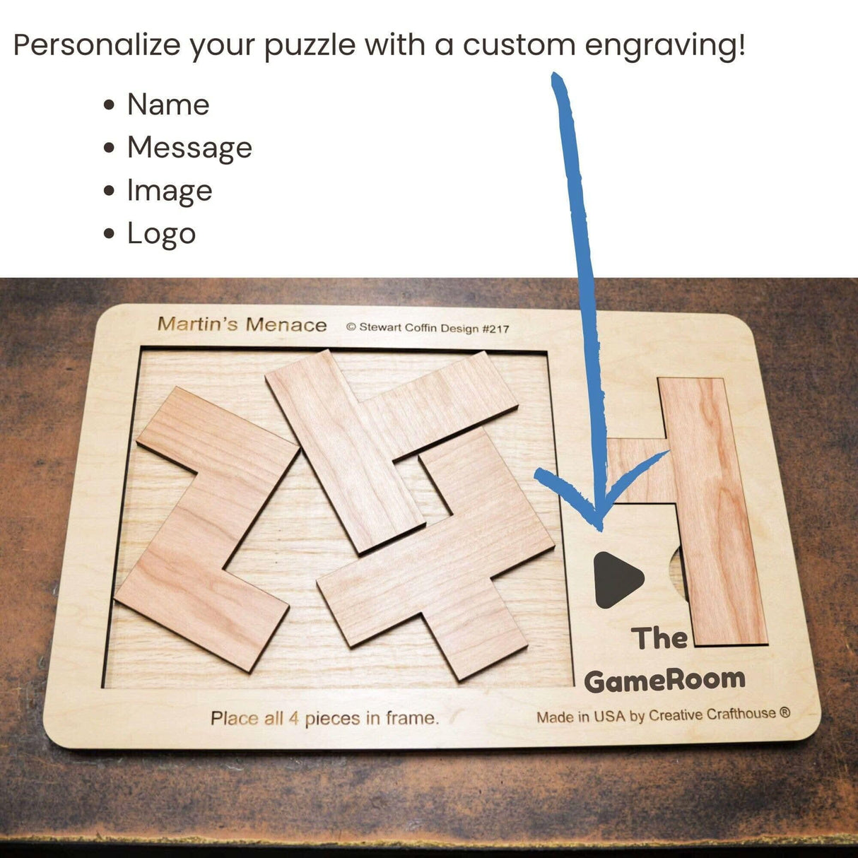 18" x 12" Giant Sized Wood Puzzle for Game Rooms | 4 Piece Wooden Brain Teaser | Perfect Man Cave Decor & Accessory | Jumbo Martin's Menace - Creative Crafthouse