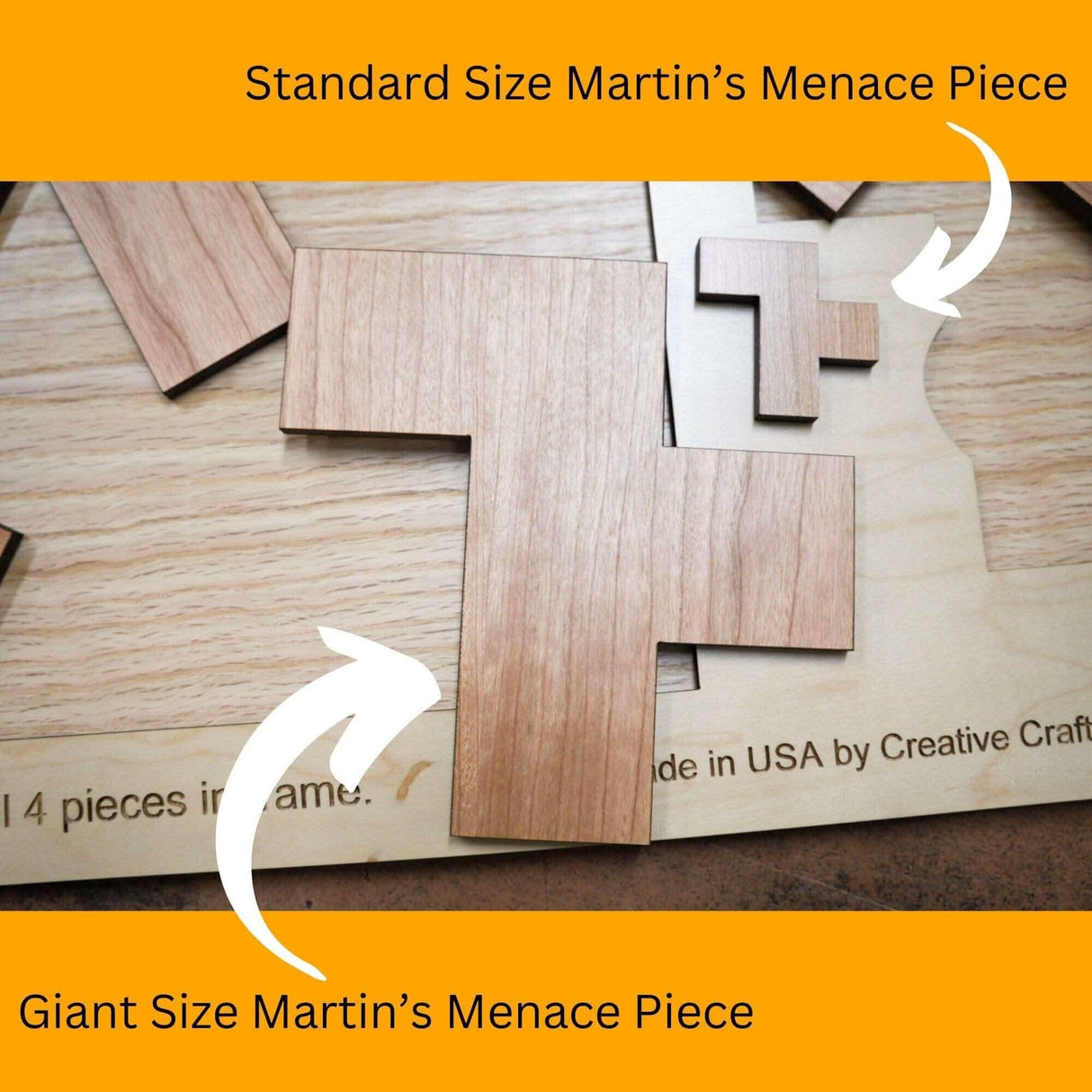 18" x 12" Giant Sized Wood Puzzle for Game Rooms | 4 Piece Wooden Brain Teaser | Perfect Man Cave Decor & Accessory | Jumbo Martin's Menace - Creative Crafthouse