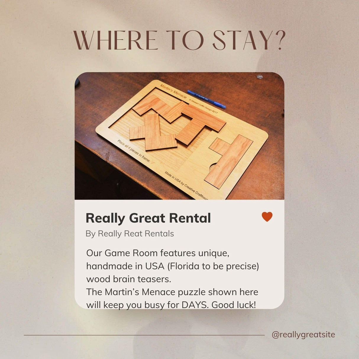 18" x 12" Giant Sized Wood Puzzle for Game Rooms | 4 Piece Wooden Brain Teaser | Perfect Man Cave Decor & Accessory | Jumbo Martin's Menace - Creative Crafthouse