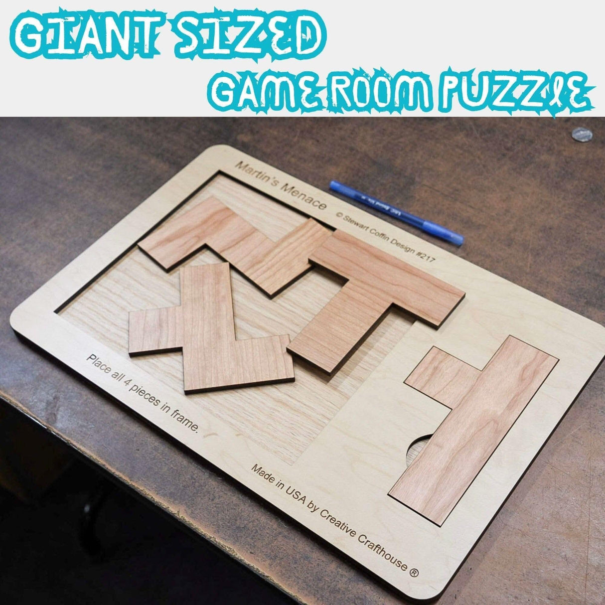 18" x 12" Giant Sized Wood Puzzle for Game Rooms | 4 Piece Wooden Brain Teaser | Perfect Man Cave Decor & Accessory | Jumbo Martin's Menace - Creative Crafthouse