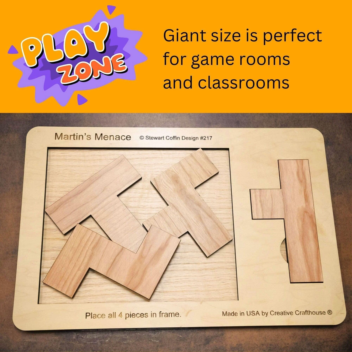 18" x 12" Giant Sized Wood Puzzle for Game Rooms | 4 Piece Wooden Brain Teaser | Perfect Man Cave Decor & Accessory | Jumbo Martin's Menace - Creative Crafthouse