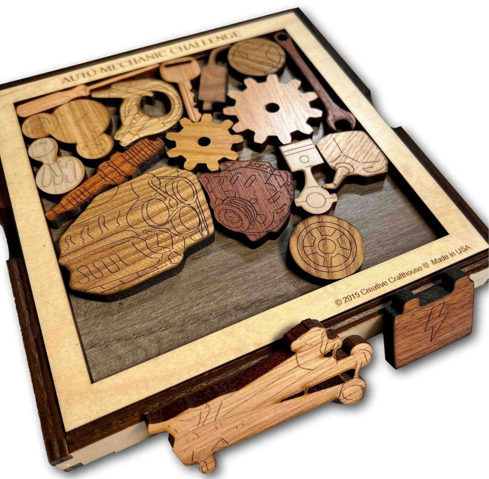 Gift for Auto Mechanic’s Challenge Wooden Puzzle - Unique 18 Piece Brain Teaser - Personalize with Laser Engraved Name - Gift idea for Him - Creative Crafthouse