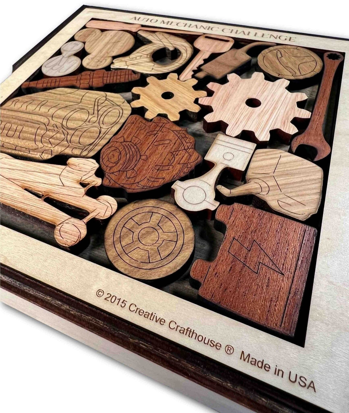 Gift for Auto Mechanic’s Challenge Wooden Puzzle - Unique 18 Piece Brain Teaser - Personalize with Laser Engraved Name - Gift idea for Him - Creative Crafthouse