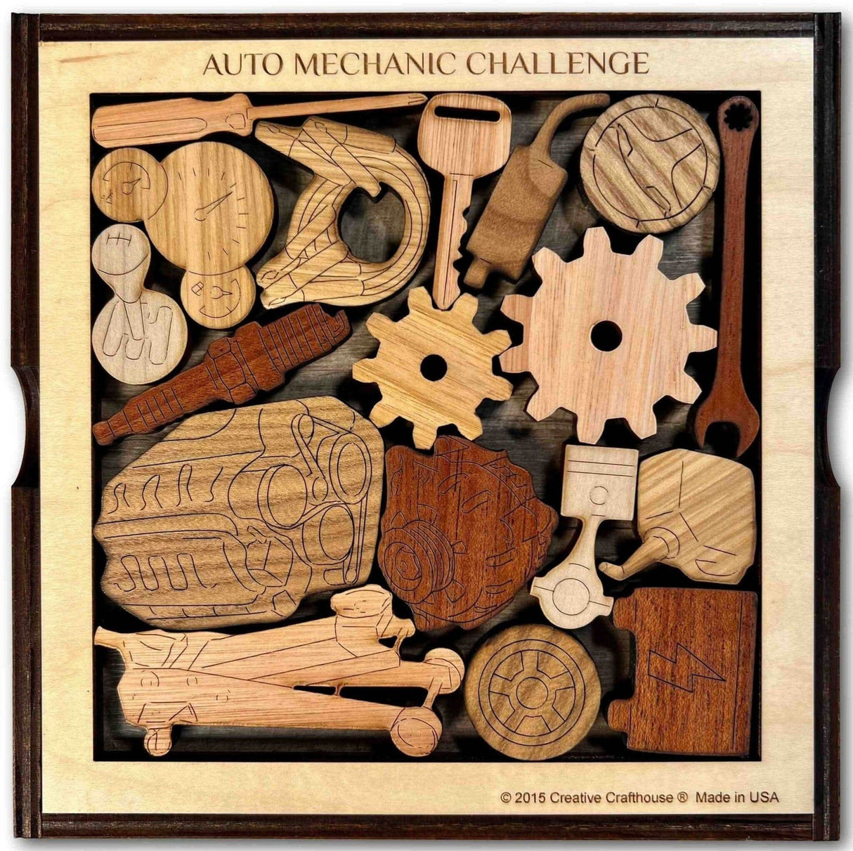 Gift for Auto Mechanic’s Challenge Wooden Puzzle - Unique 18 Piece Brain Teaser - Personalize with Laser Engraved Name - Gift idea for Him - Creative Crafthouse