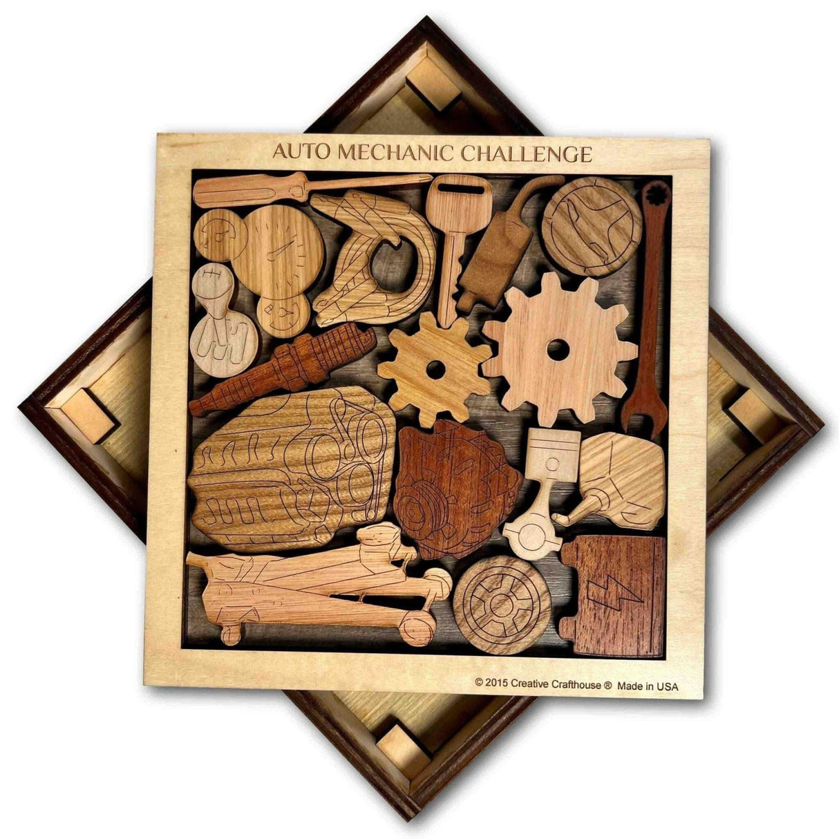Gift for Auto Mechanic’s Challenge Wooden Puzzle - Unique 18 Piece Brain Teaser - Personalize with Laser Engraved Name - Gift idea for Him - Creative Crafthouse