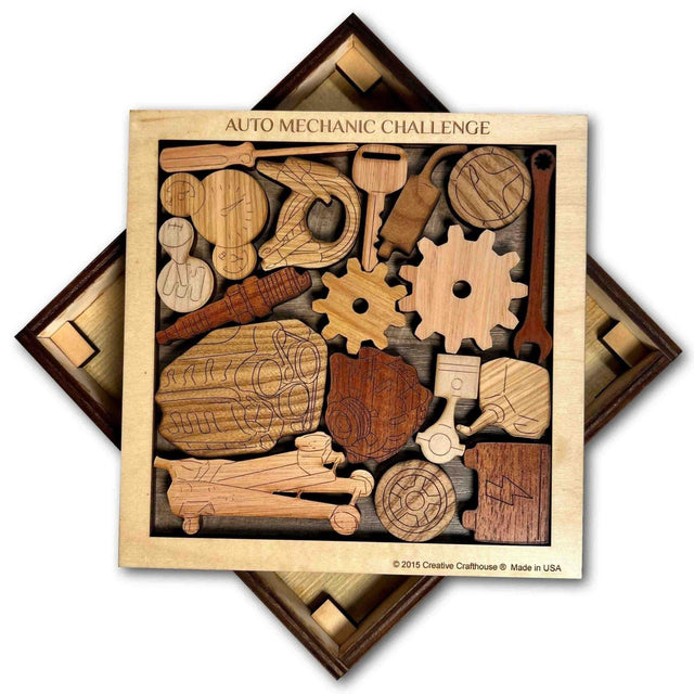 Gift for Auto Mechanic’s Challenge Wooden Puzzle - Unique 18 Piece Brain Teaser - Personalize with Laser Engraved Name - Gift idea for Him - Creative Crafthouse