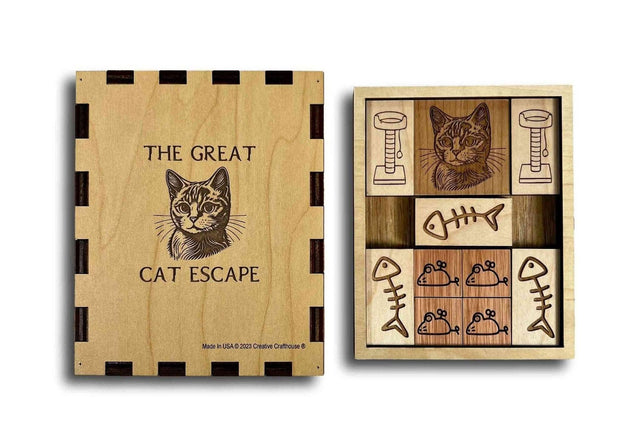 Gift for Cat Lovers – The Great Cat Escape Puzzle, Handmade Wooden Brain Teaser for Desk or Coffee Table - Creative Crafthouse