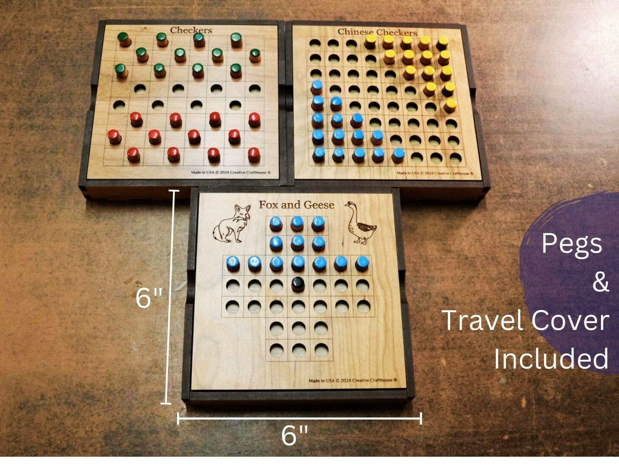 Handcrafted Wooden Game Trio: Chinese Checkers, Fox & Geese, Checkers - Creative Crafthouse