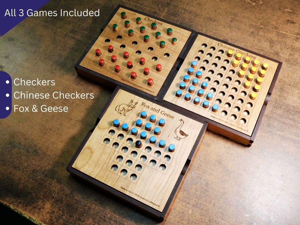 Handcrafted Wooden Game Trio: Chinese Checkers, Fox & Geese, Checkers - Creative Crafthouse