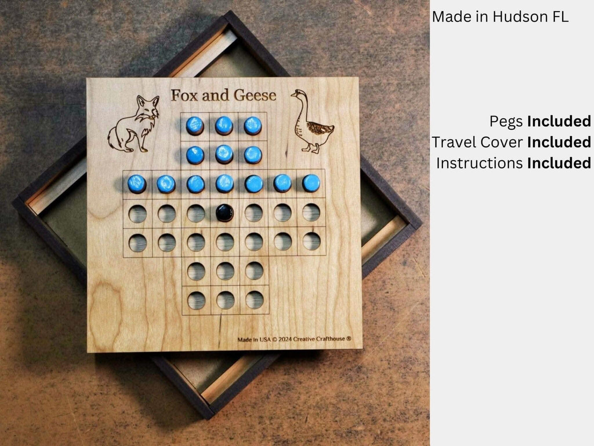 Handmade Fox and Geese Game Set with Travel Cover | Personalized Wooden Board Game | Made in Hudson, Florida by Creative Crafthouse - Creative Crafthouse