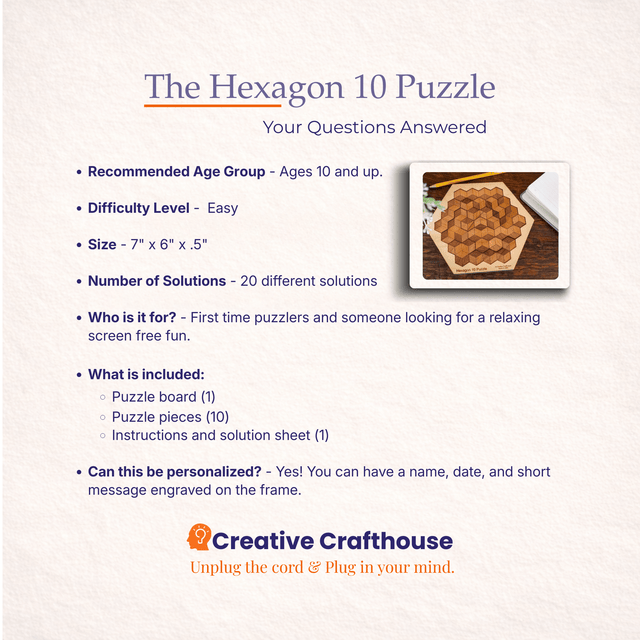 Hexagon 10 Wood Puzzle | 10 Piece Wooden Brain Teaser - Creative Crafthouse