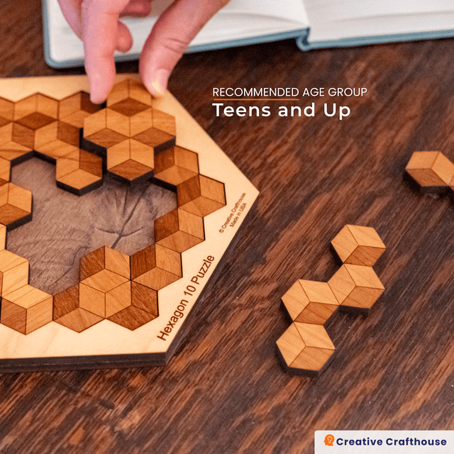 Hexagon 10 Wood Puzzle | 10 Piece Wooden Brain Teaser - Creative Crafthouse