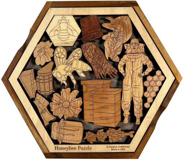 Honey Bee Puzzle – Help the Hive Thrive - 14 Piece Wood Brain Teaser - Personalize with Laser Engraved Name to Create a Memorable Gift - Creative Crafthouse