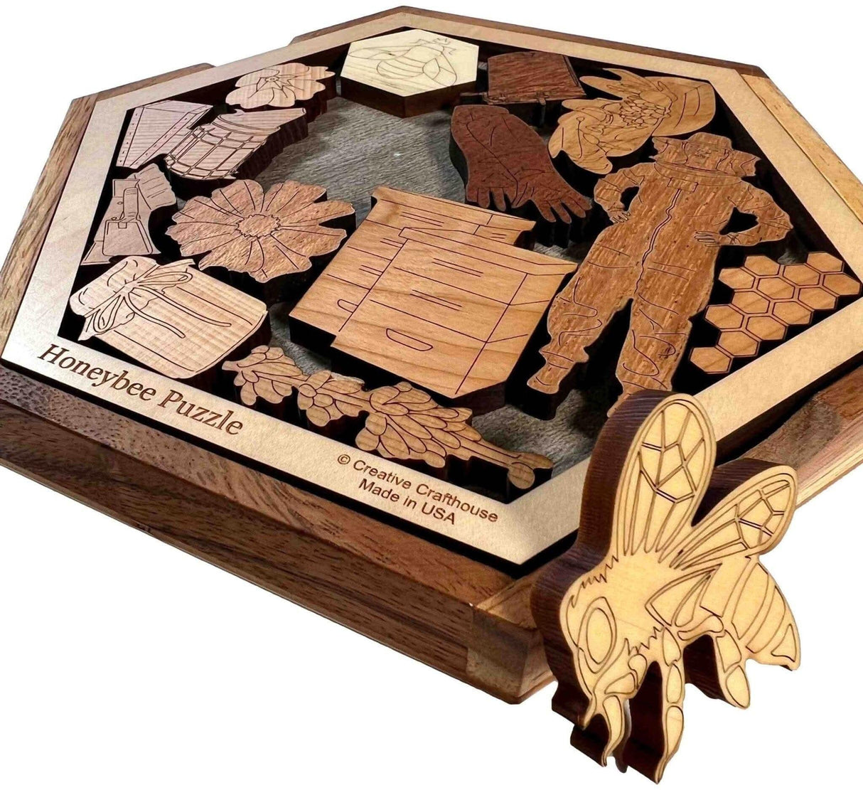Honey Bee Puzzle – Help the Hive Thrive - 14 Piece Wood Brain Teaser - Personalize with Laser Engraved Name to Create a Memorable Gift - Creative Crafthouse
