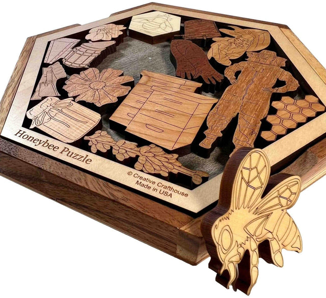 Honey Bee Puzzle – Help the Hive Thrive - 14 Piece Wood Brain Teaser - Personalize with Laser Engraved Name to Create a Memorable Gift - Creative Crafthouse