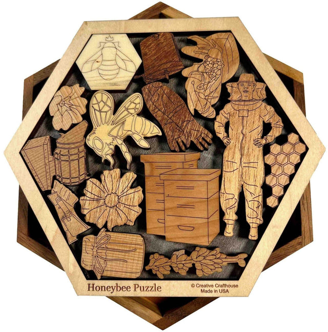 Honey Bee Puzzle – Help the Hive Thrive - 14 Piece Wood Brain Teaser - Personalize with Laser Engraved Name to Create a Memorable Gift - Creative Crafthouse