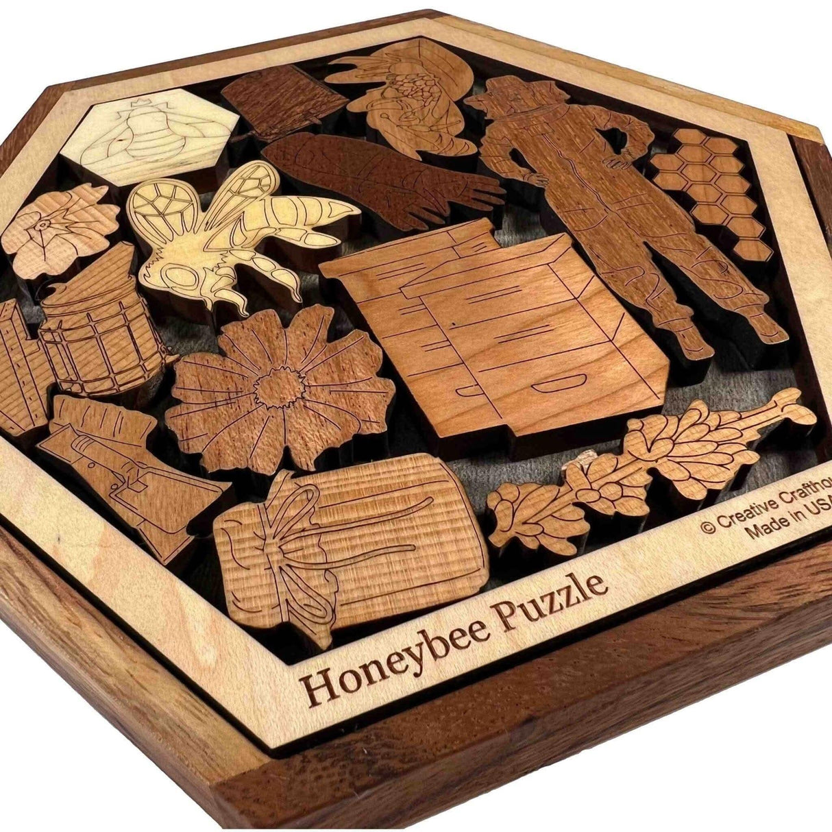 Honey Bee Puzzle – Help the Hive Thrive - 14 Piece Wood Brain Teaser - Personalize with Laser Engraved Name to Create a Memorable Gift - Creative Crafthouse