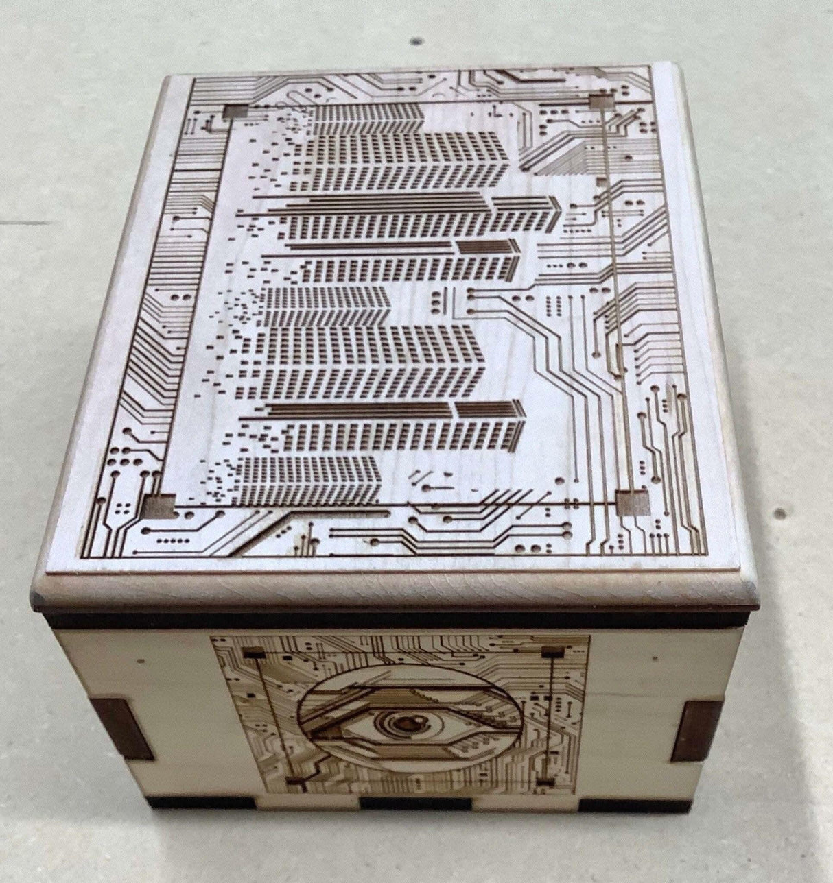 Hurricane Puzzle Box - maple - with City Circuit board artwork - Creative Crafthouse