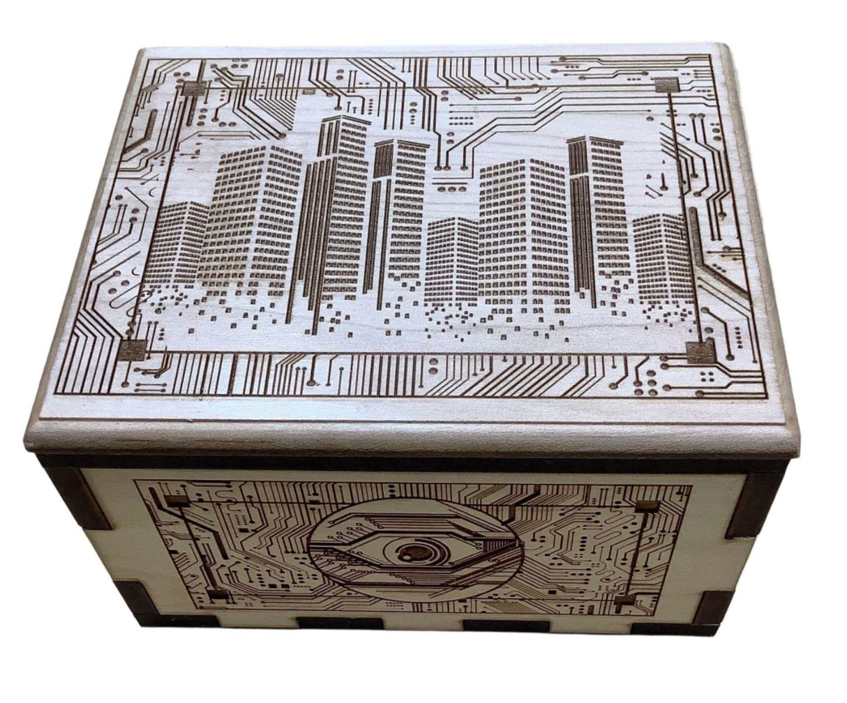 Hurricane Puzzle Box - maple - with City Circuit board artwork - Creative Crafthouse