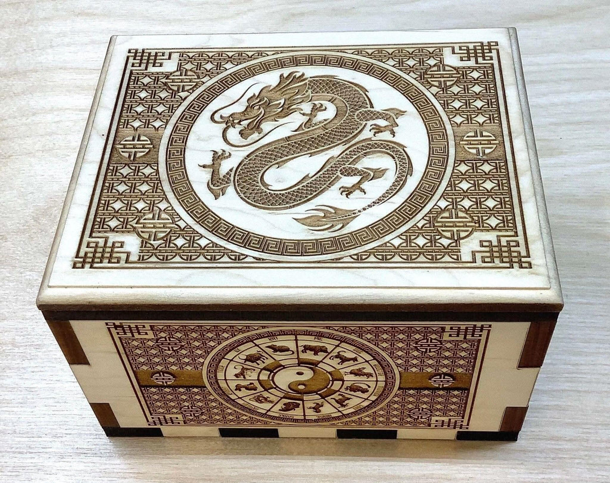 Hurricane Puzzle Box - Maple With Dragon Artwork - Creative Crafthouse