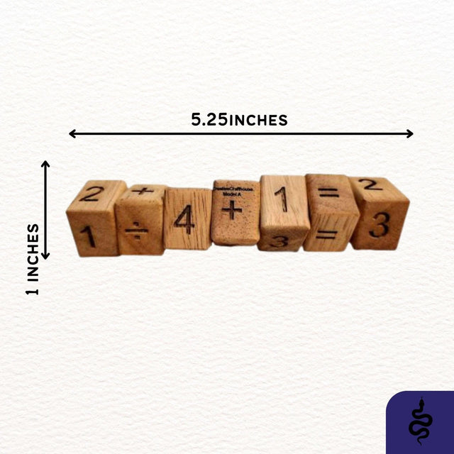 Math Snake 7 size guide, 5.25 inches long and 1 inch tall, wooden math brain teaser for kids
