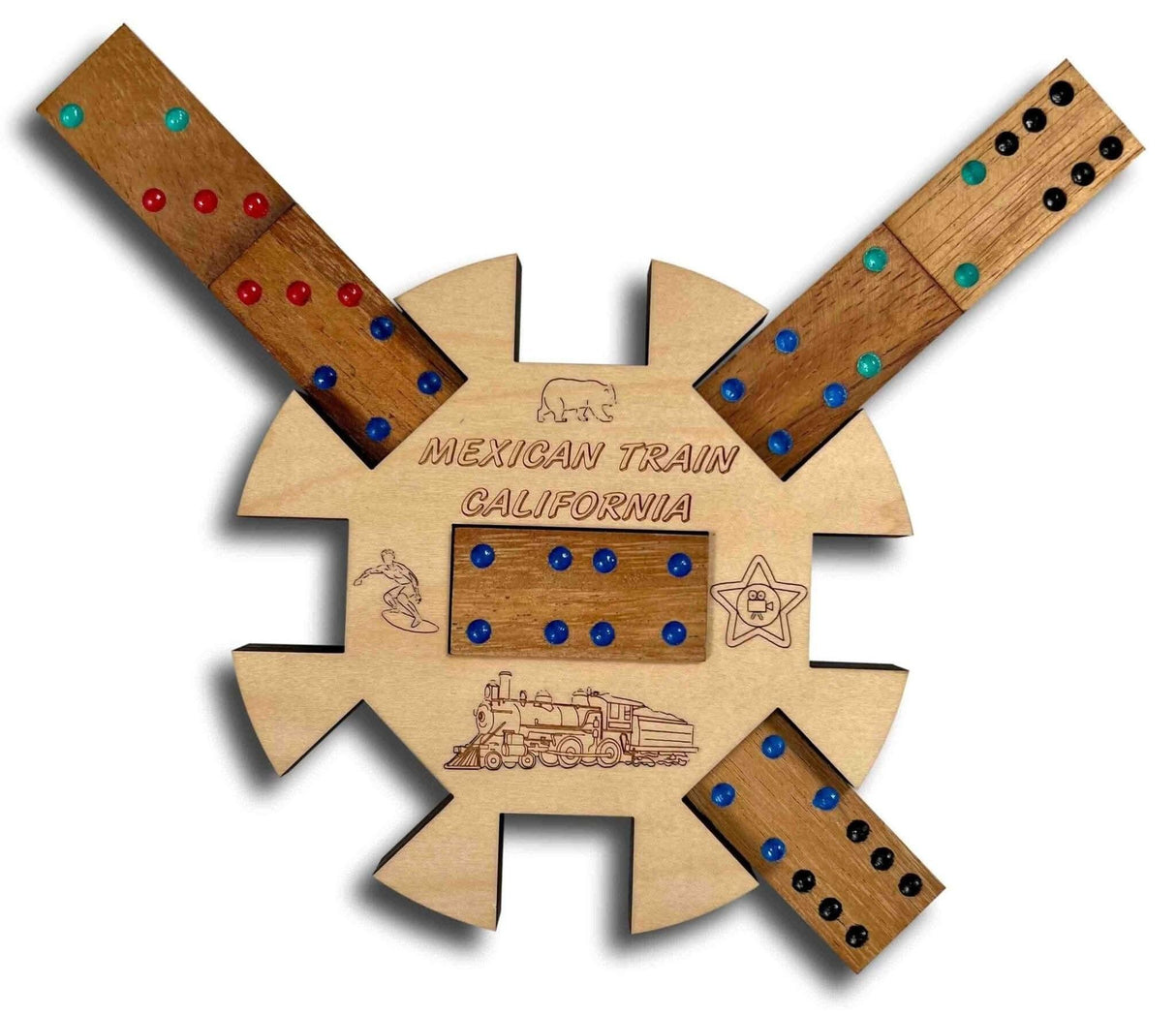 Mexican Train California Edition Hub and Tokens Wooden Domino Game - Creative Crafthouse