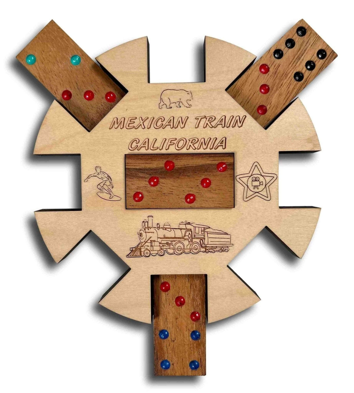 Mexican Train California Edition Hub and Tokens Wooden Domino Game - Creative Crafthouse