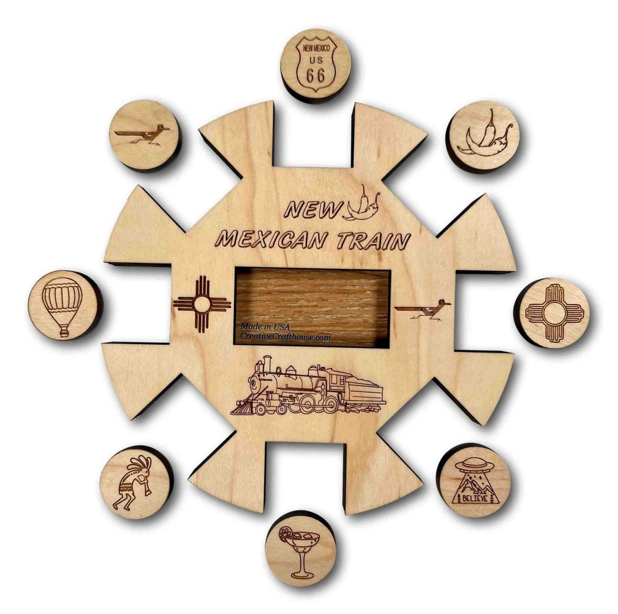 Mexican Train New Mexico Edition Hub and Tokens Wooden Domino Game - Family Game - Creative Crafthouse