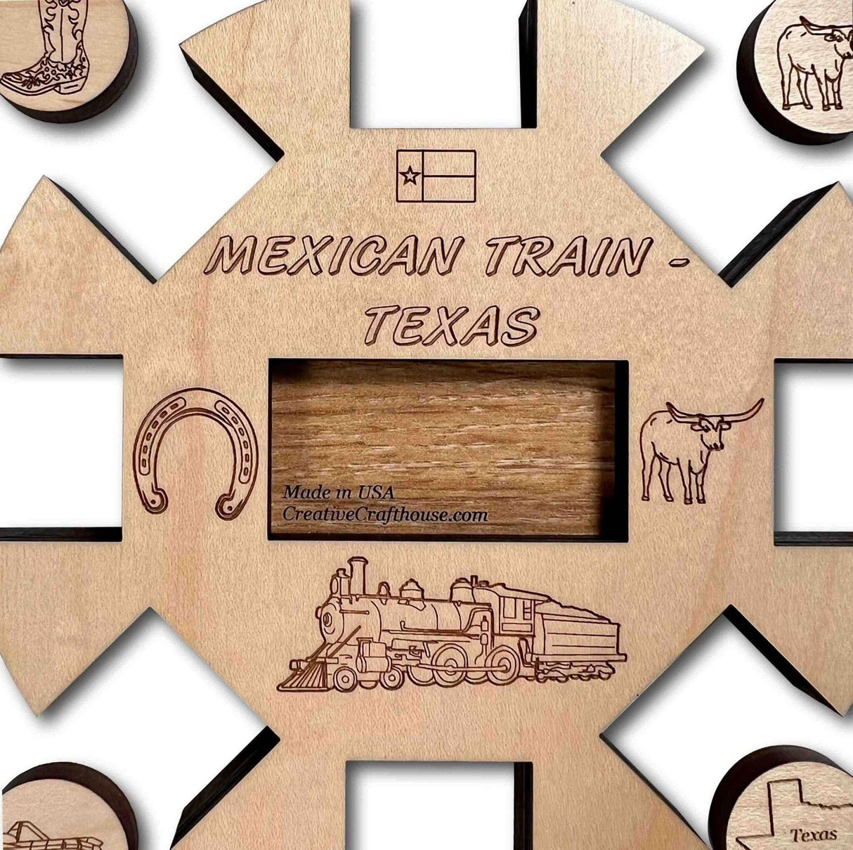 Mexican Train *Texas Edition* Hub and Tokens wooden domino game - Creative Crafthouse