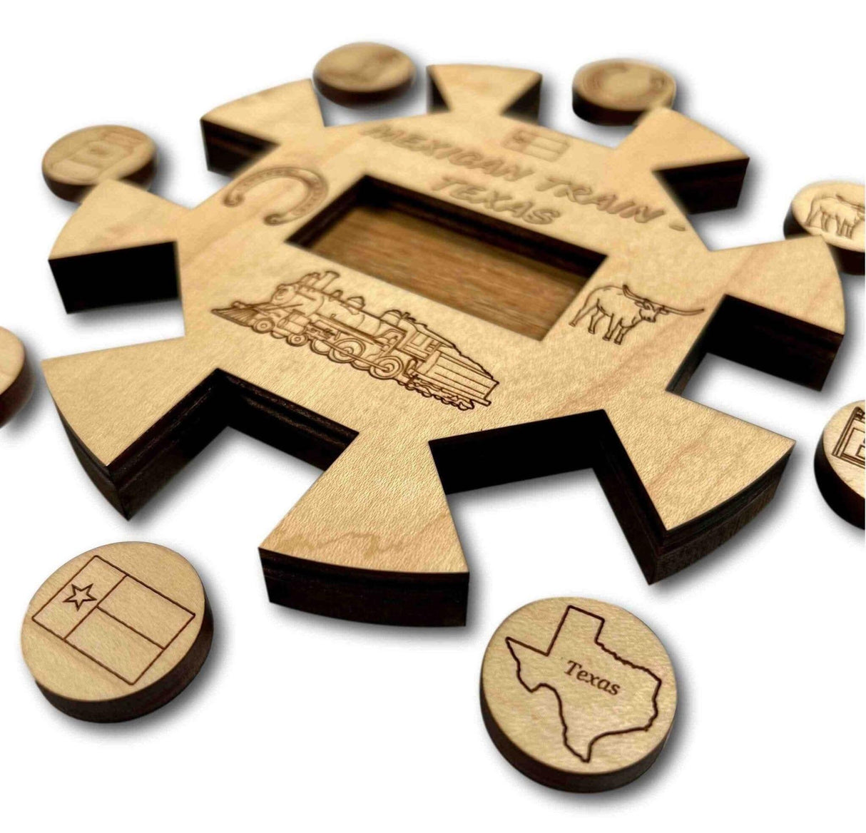 Mexican Train *Texas Edition* Hub and Tokens wooden domino game - Creative Crafthouse