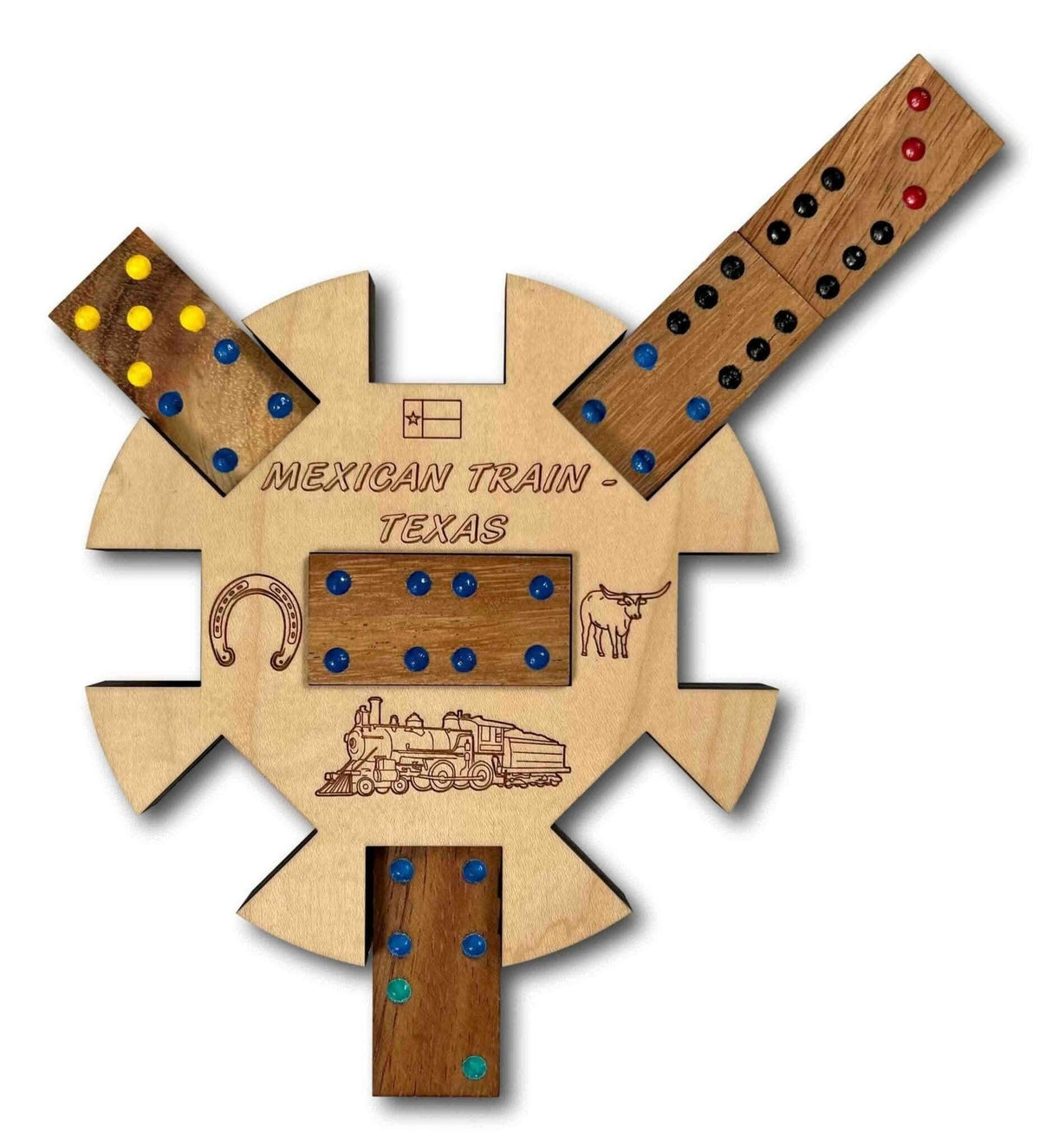 Mexican Train *Texas Edition* Hub and Tokens wooden domino game - Creative Crafthouse